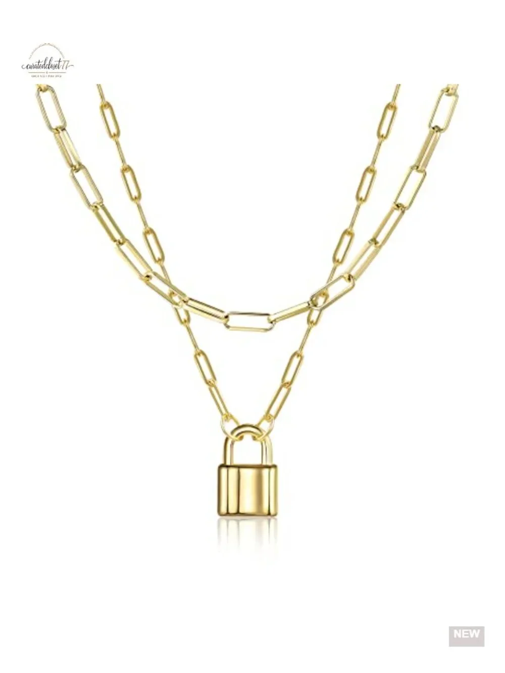 Layered Paperclip Lock Necklace Set Gold Plated Brass Non-Tarnish